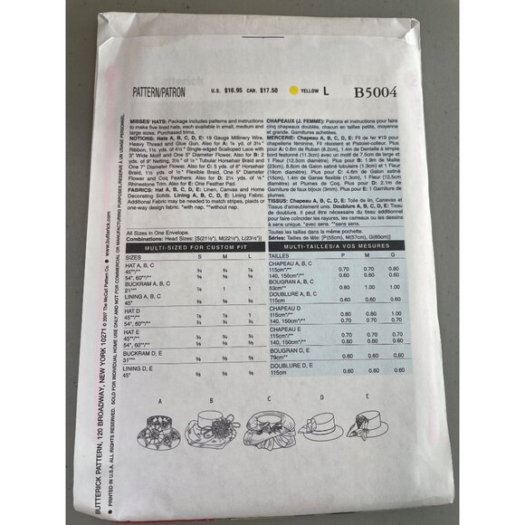 Butterick B5004 Church Hat Sewing Pattern One Size Vintage Style Multisize NEW - Picture 3 of 6